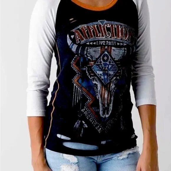 AFFLICTION Women's American Customs M T-shirt Albuquerque Graphic Raglan sleeves - Picture 1 of 9